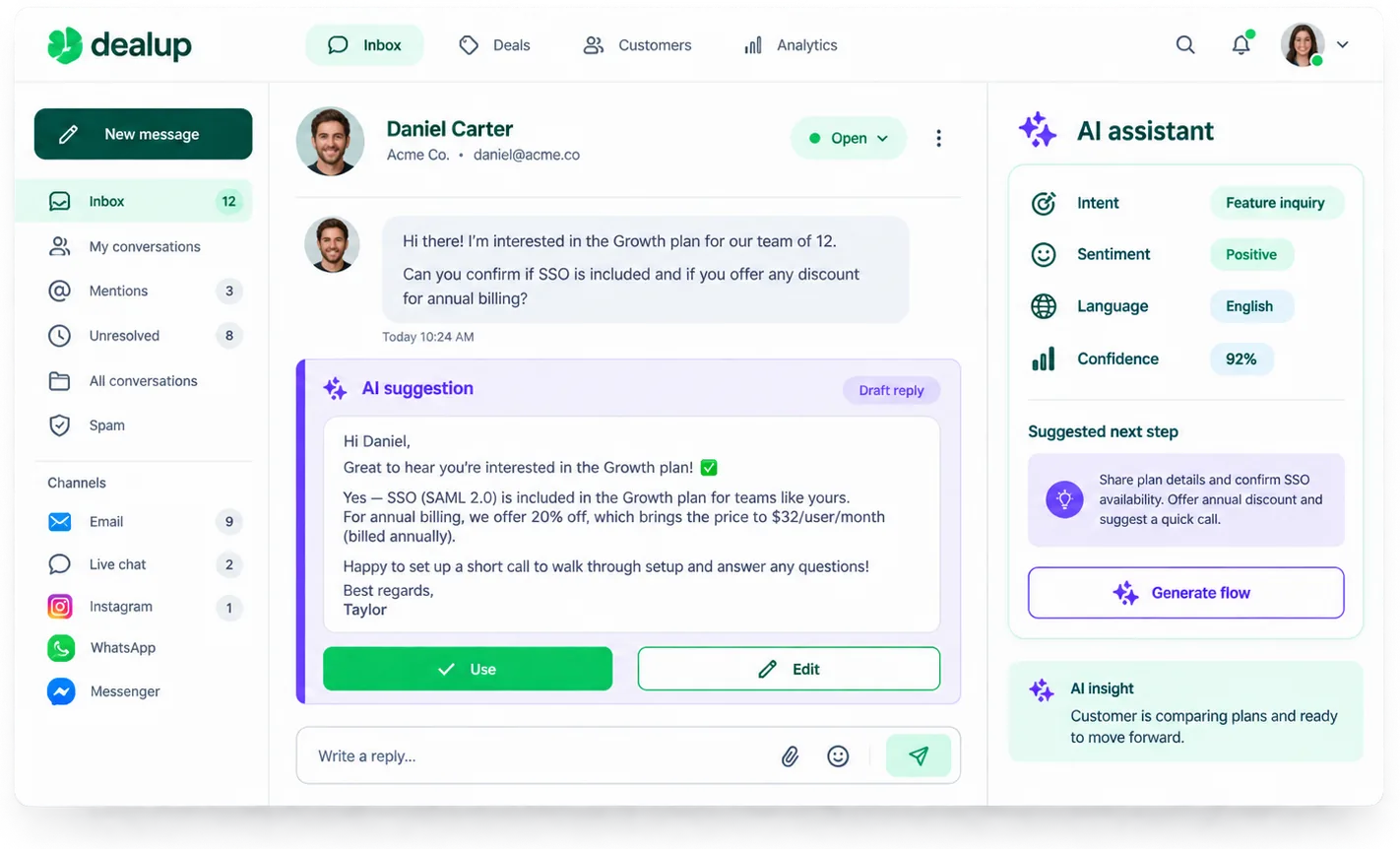 Un panneau d'assistant IA dans l'espace de travail Dealup