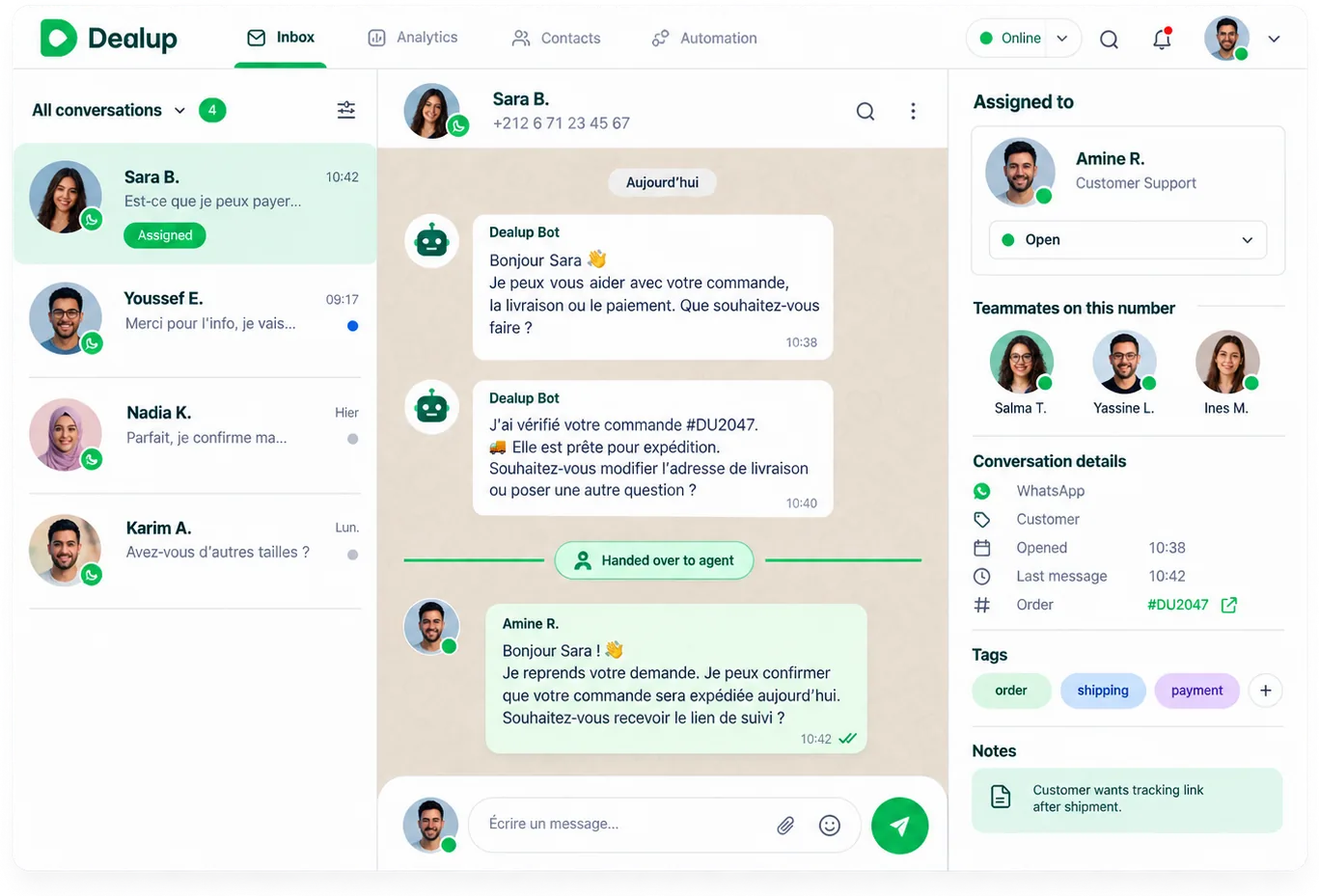 Une conversation attribuée à un agent dans la boîte partagée Dealup