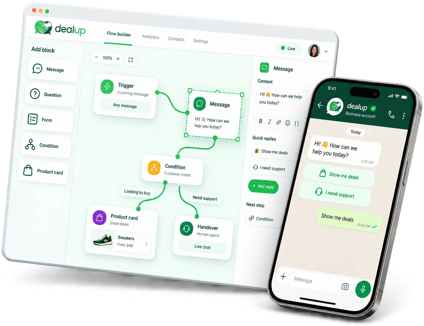 Le canevas du générateur de flux Dealup à côté d'un téléphone prévisualisant la conversation obtenue