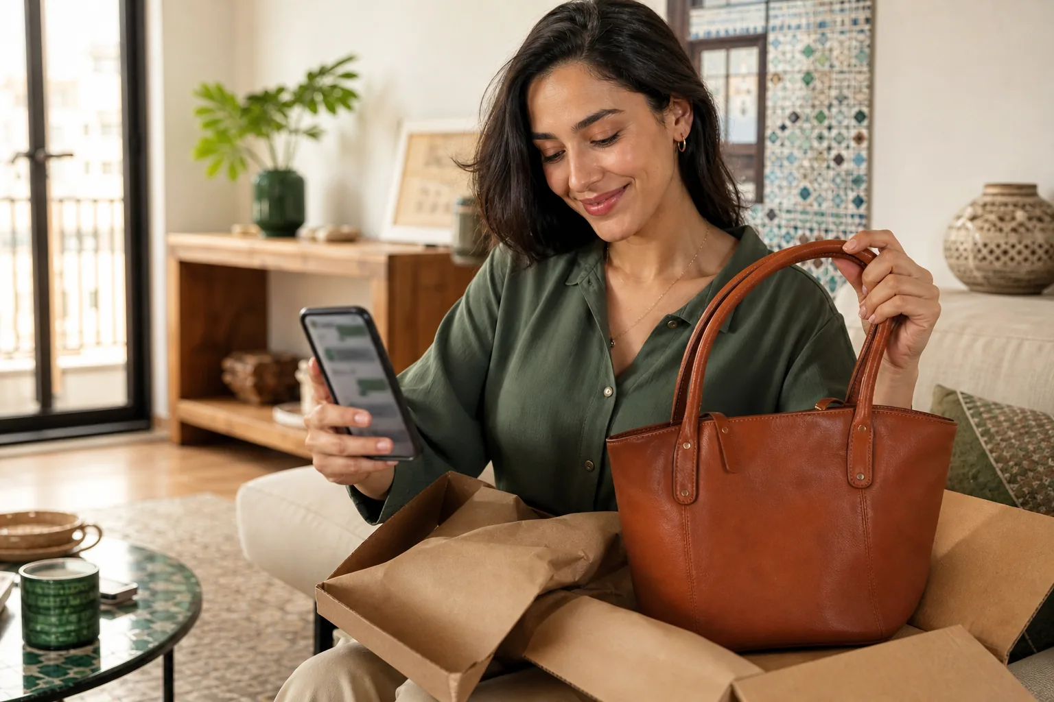 Une cliente marocaine heureuse déballe un sac fabriqué localement tout en consultant sa conversation de commande sur son téléphone.