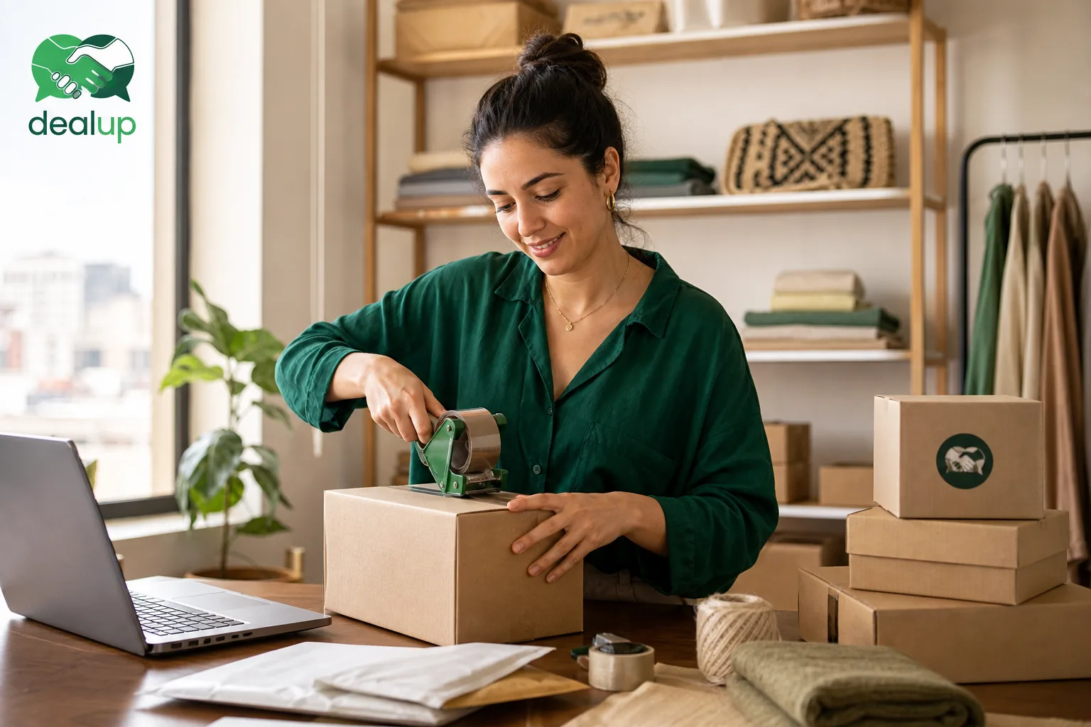 Une fondatrice e-commerce marocaine prépare une commande dans son atelier à Casablanca.
