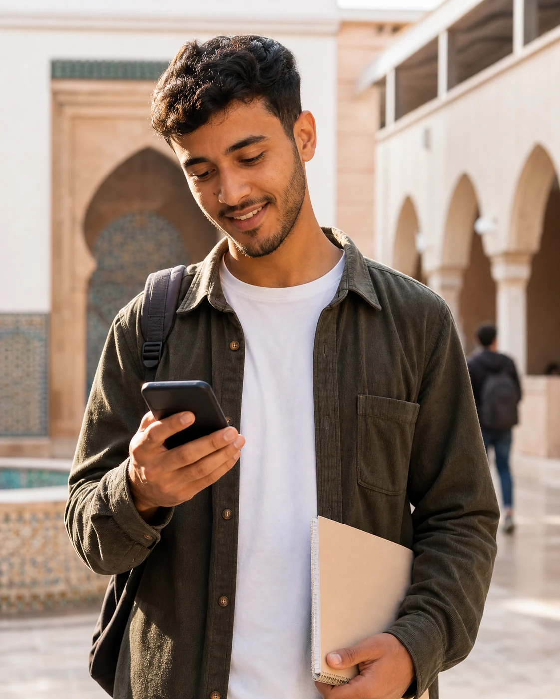 Un étudiant marocain consulte un message d'admission ou d'orientation sur un campus