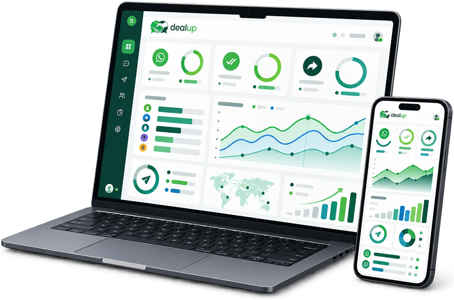 Un tableau de bord Dealup Analytics affichant les taux de livraison, de lecture et de réponse, ainsi que les temps de réponse des agents et la performance des campagnes