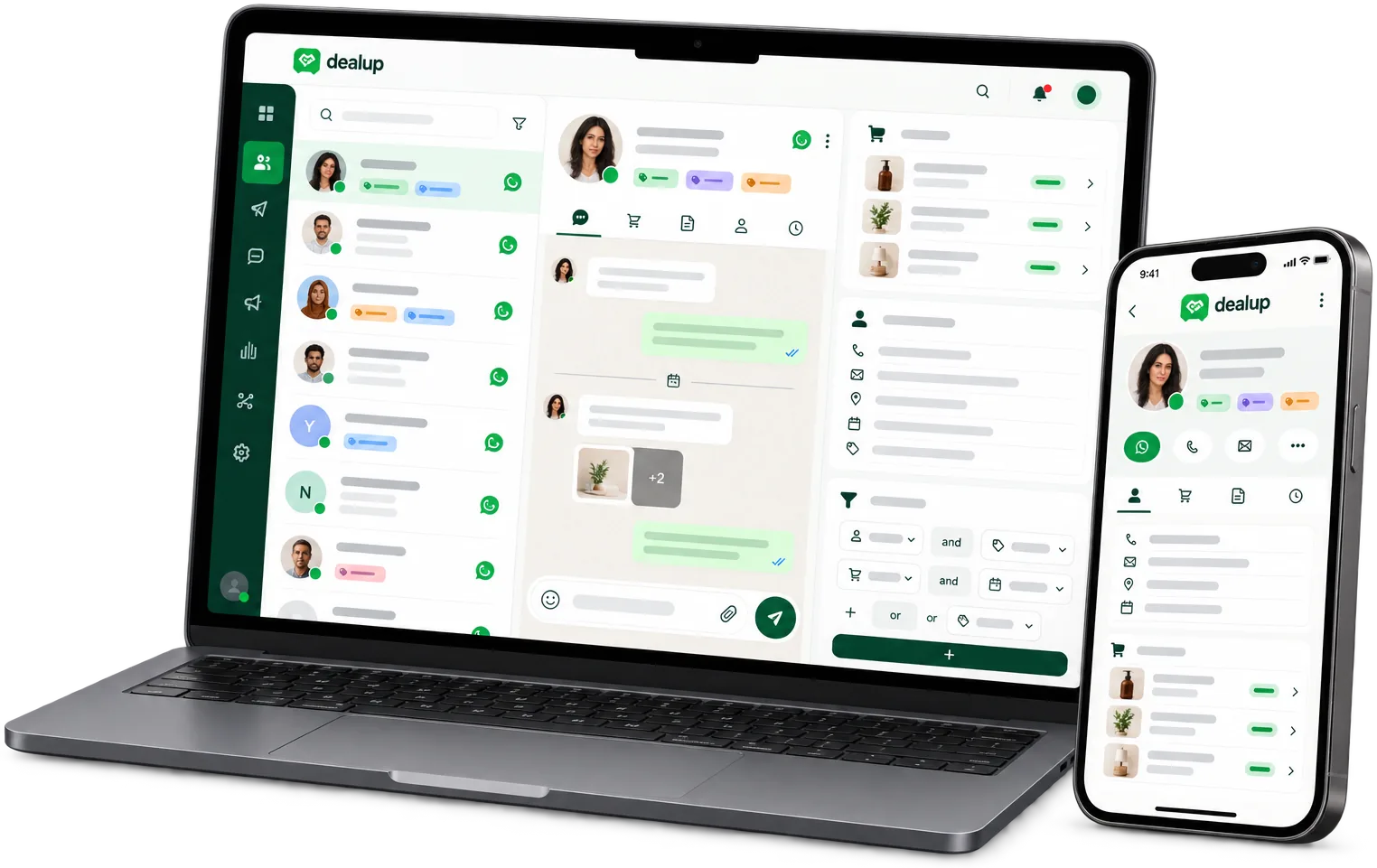 Une fiche contact Dealup affichant l'historique des conversations, l'historique des commandes, les tags et les champs personnalisés, avec un générateur de segments et ses filtres