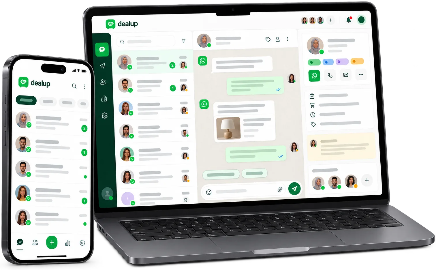 Boîte de réception d'équipe Dealup montrant les assignations, tags et historique client