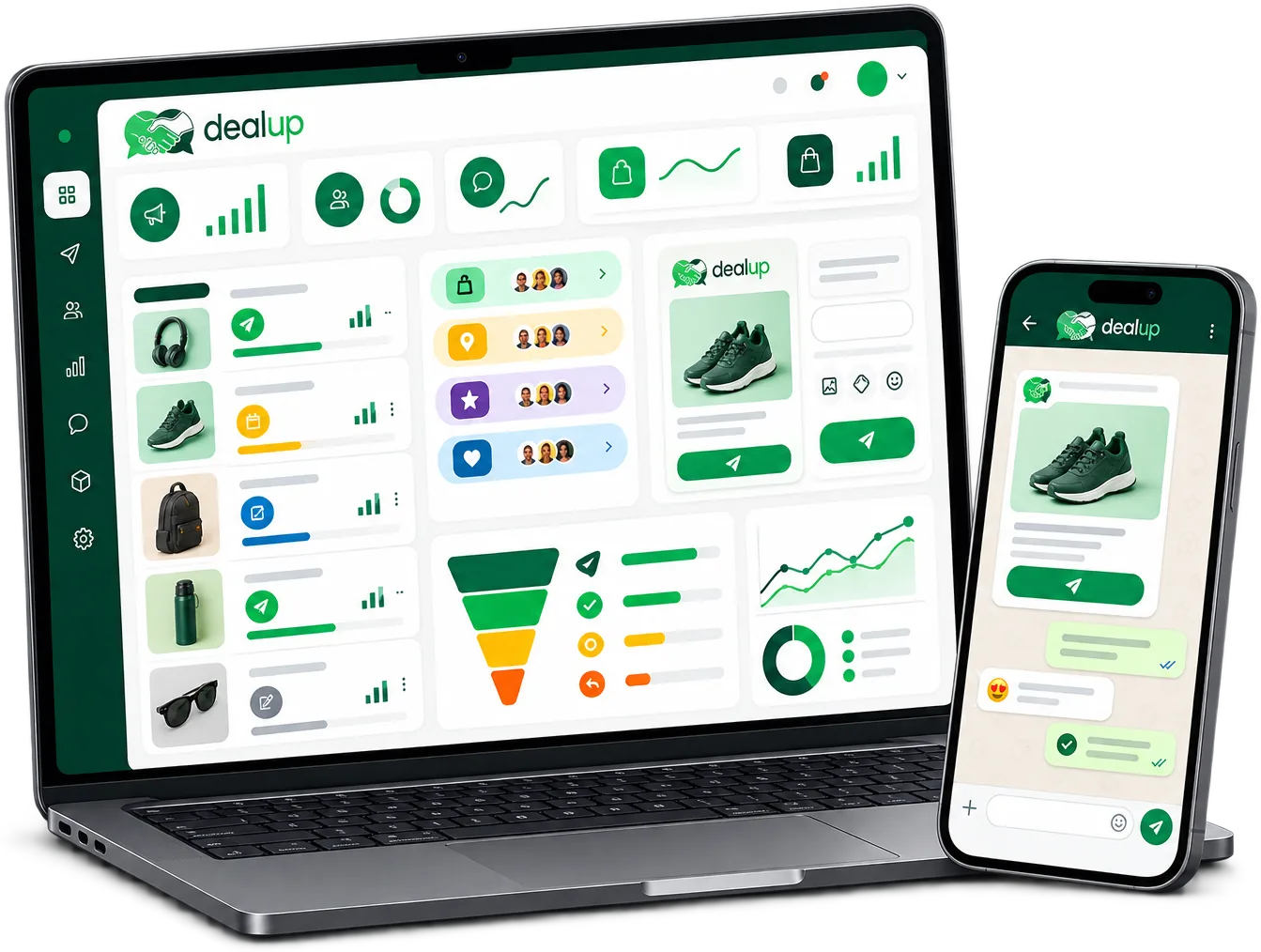 L'espace de campagnes Dealup sur un ordinateur portable, à côté d'un téléphone montrant la campagne reçue par un client