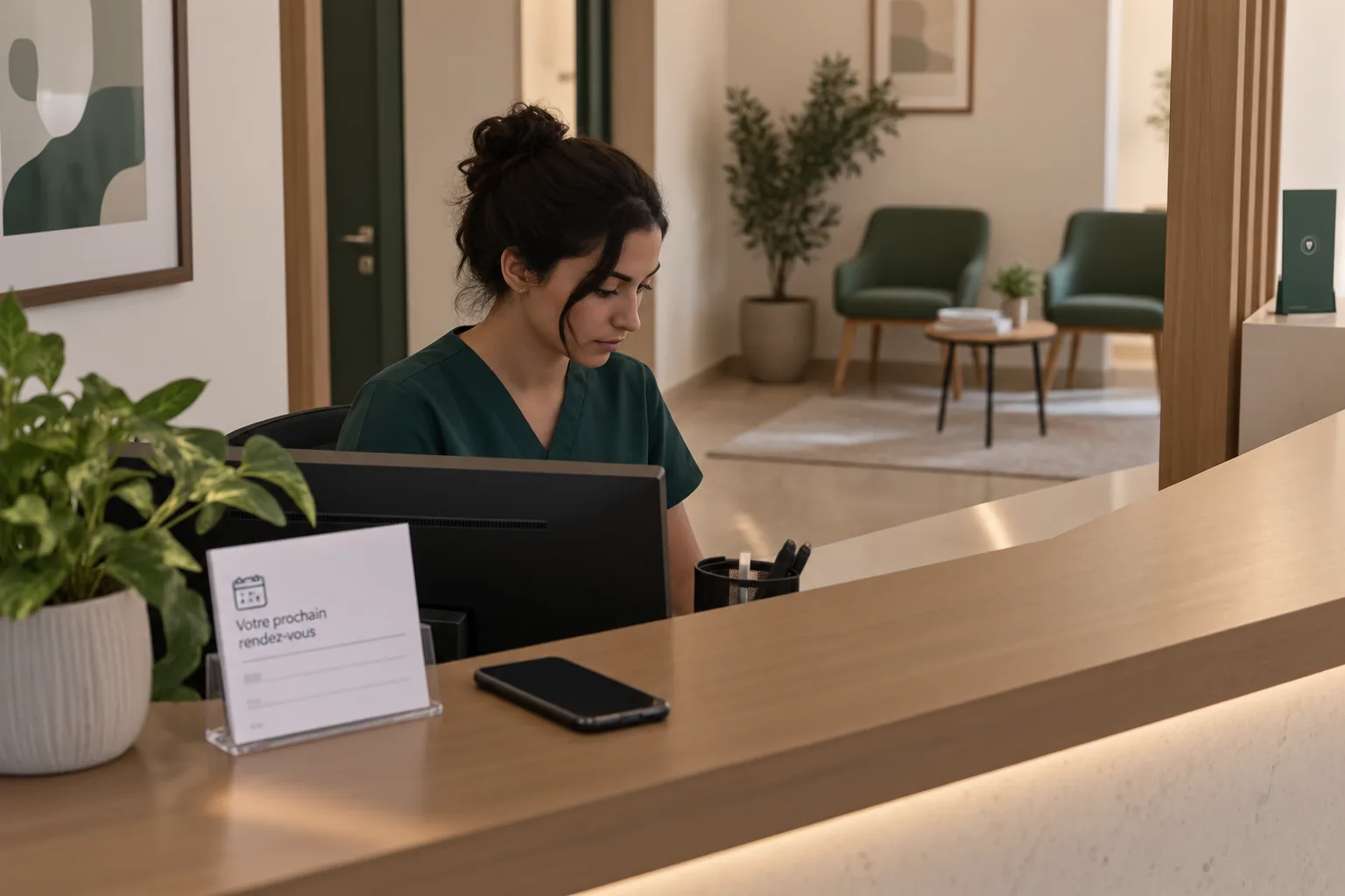 L'accueil calme d'un cabinet médical vu depuis la salle d'attente