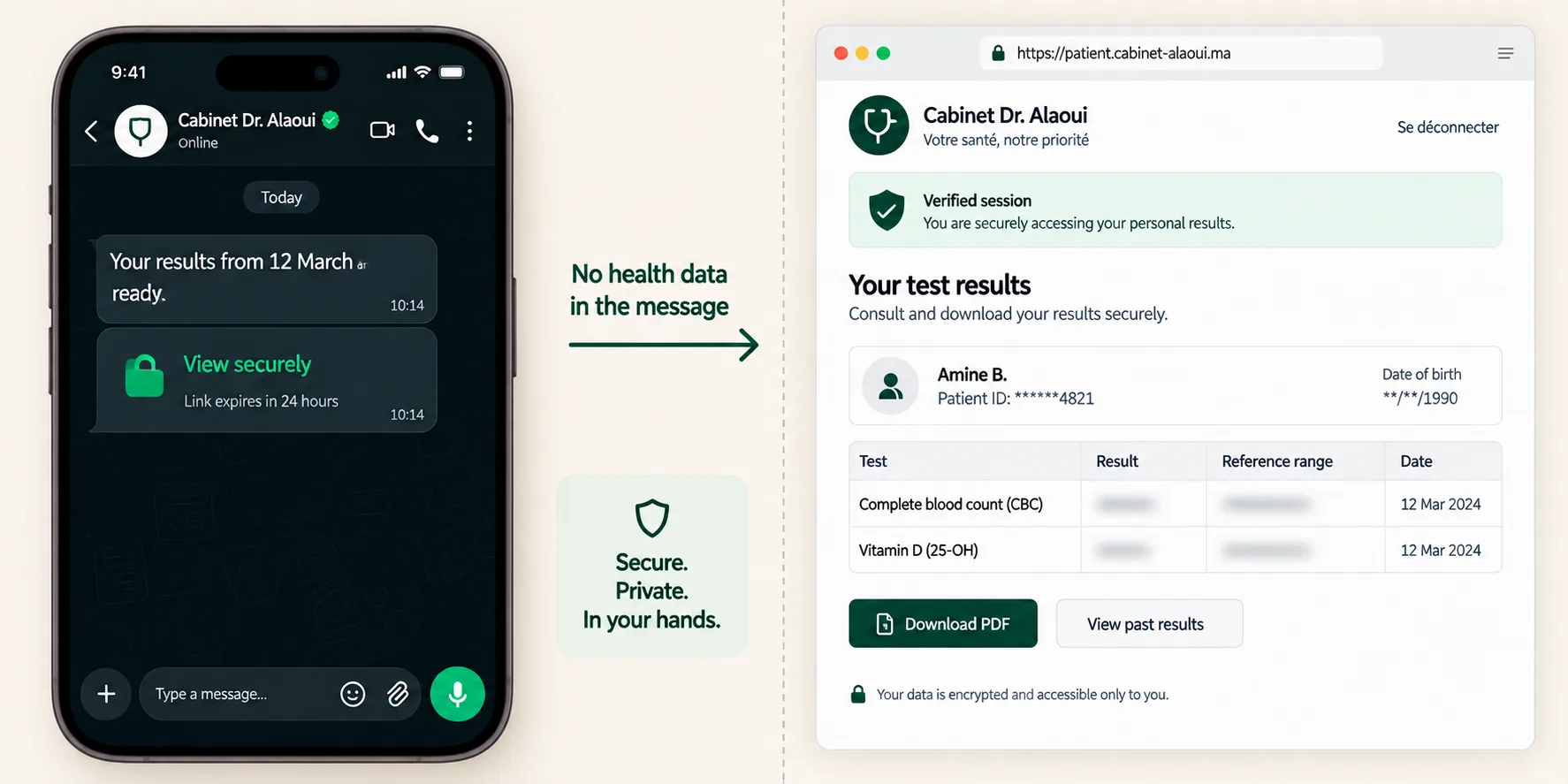 Une notification de résultats dans le chat à côté du portail sécurisé lié, sans donnée de santé dans le message