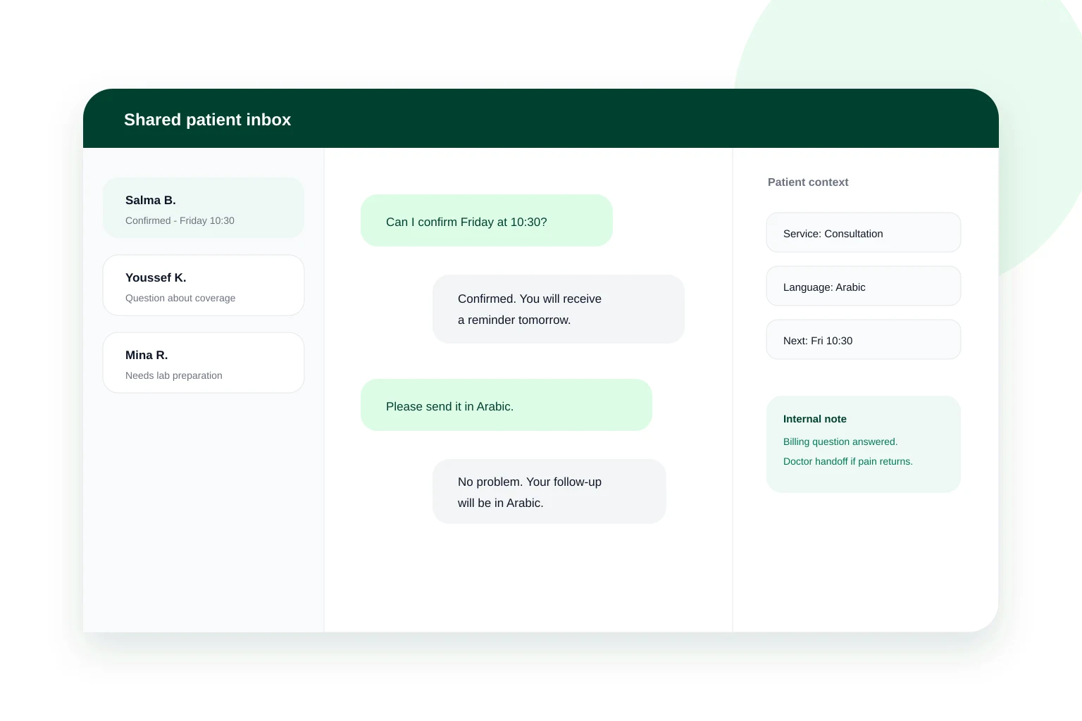 Boîte de réception partagée Dealup avec le contexte patient : service, langue et prochain rendez-vous