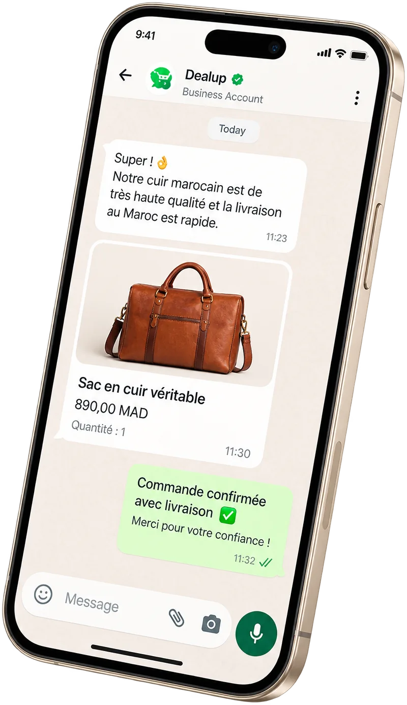 A Dealup WhatsApp commerce conversation showing a Moroccan leather bag and a confirmed order.