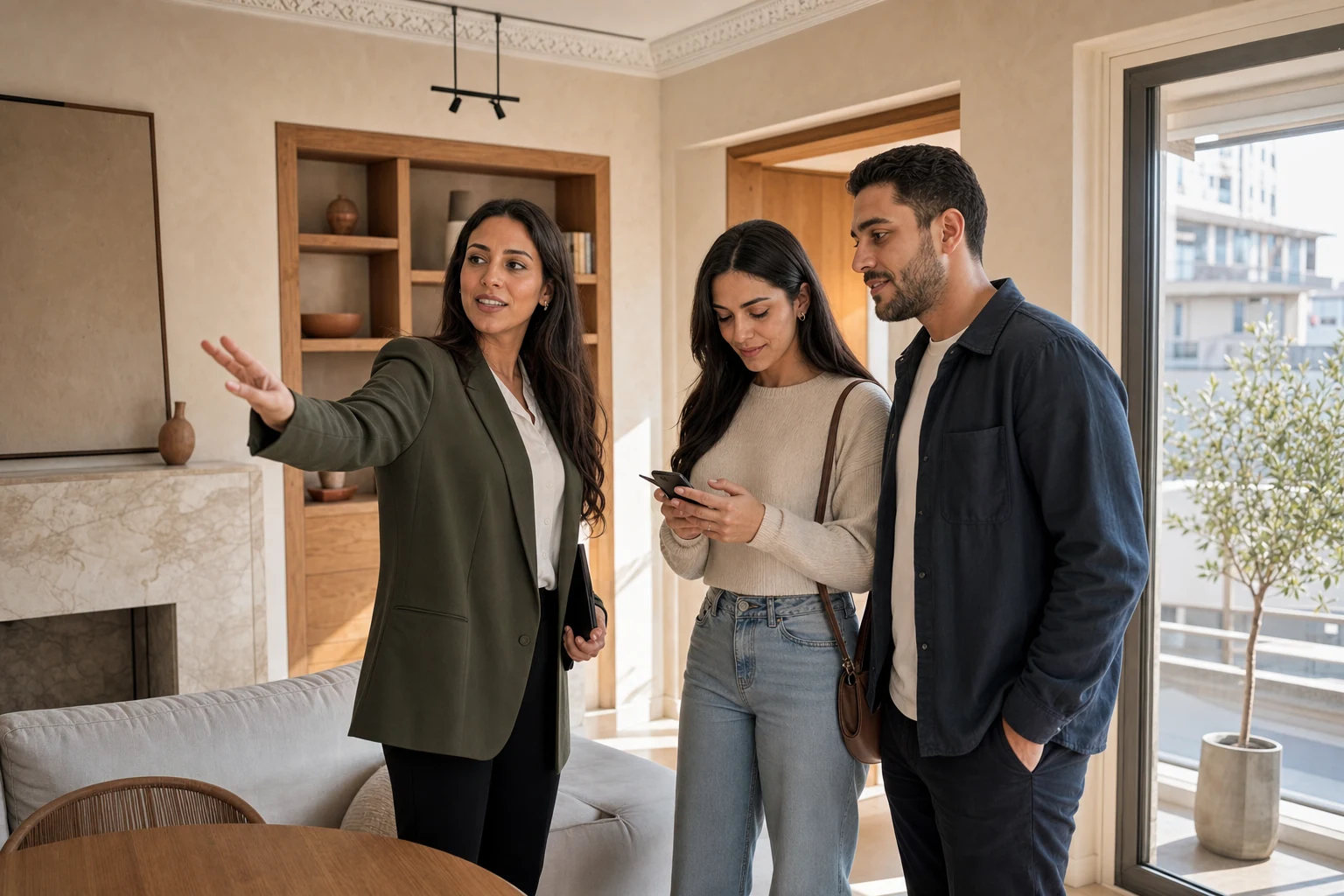 Une conseillère immobilière marocaine fait visiter un appartement contemporain à des prospects