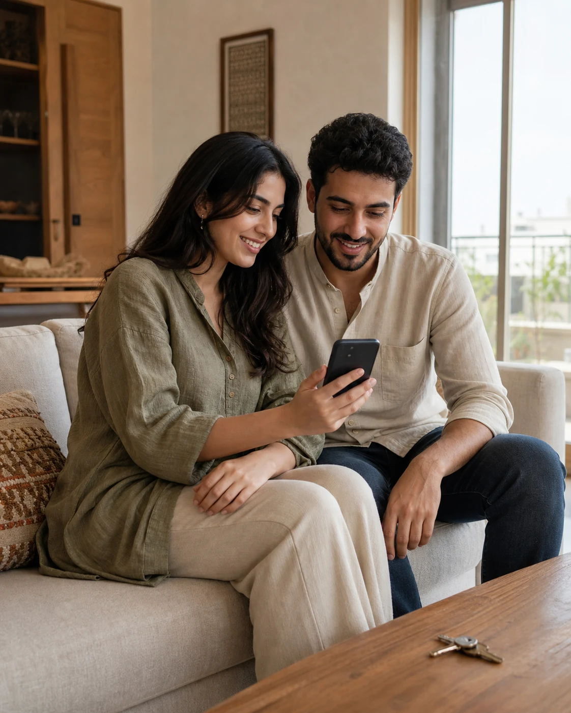 Un couple marocain consulte ensemble une conversation immobilière dans son nouvel appartement