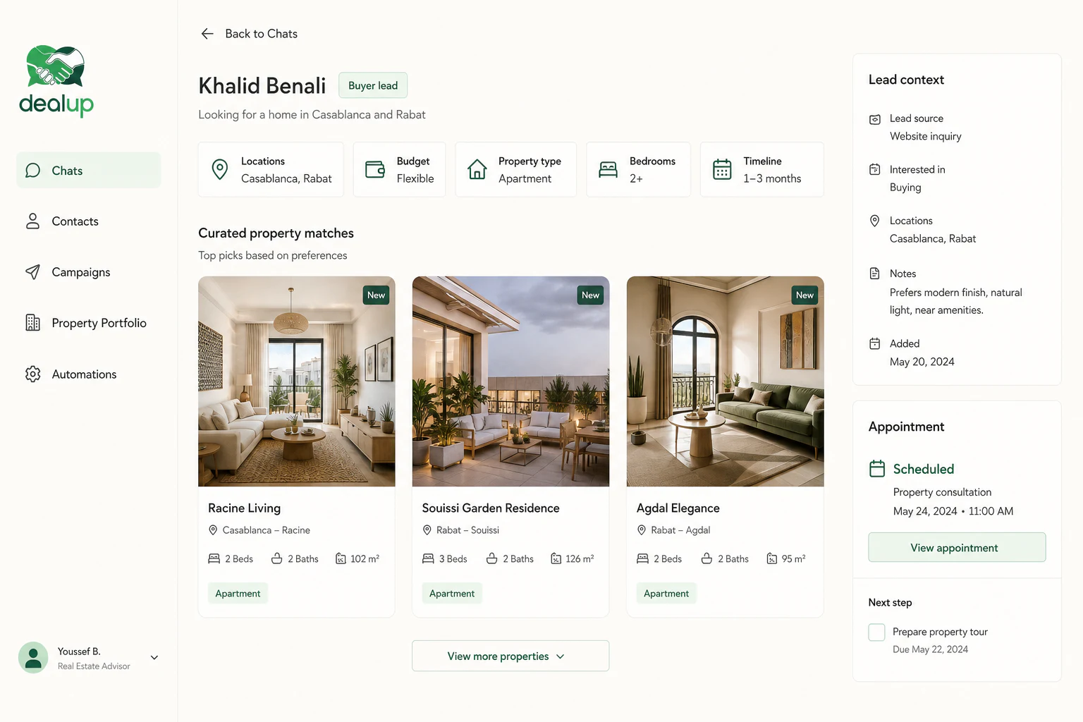 Tableau Dealup de mise en relation entre le profil d'un acheteur et des biens à Casablanca et Rabat