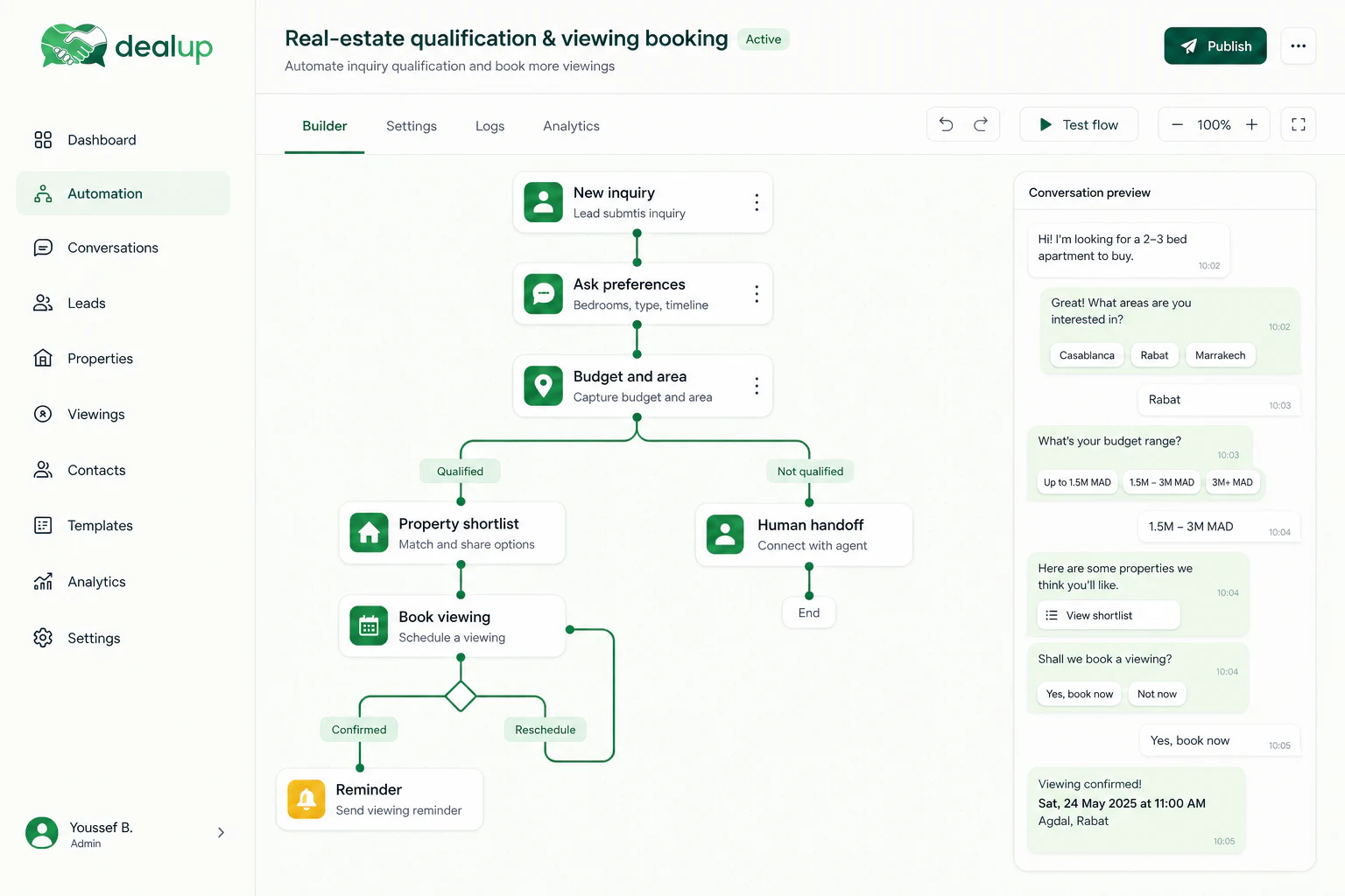 Constructeur visuel Dealup pour qualifier les leads immobiliers et planifier les visites
