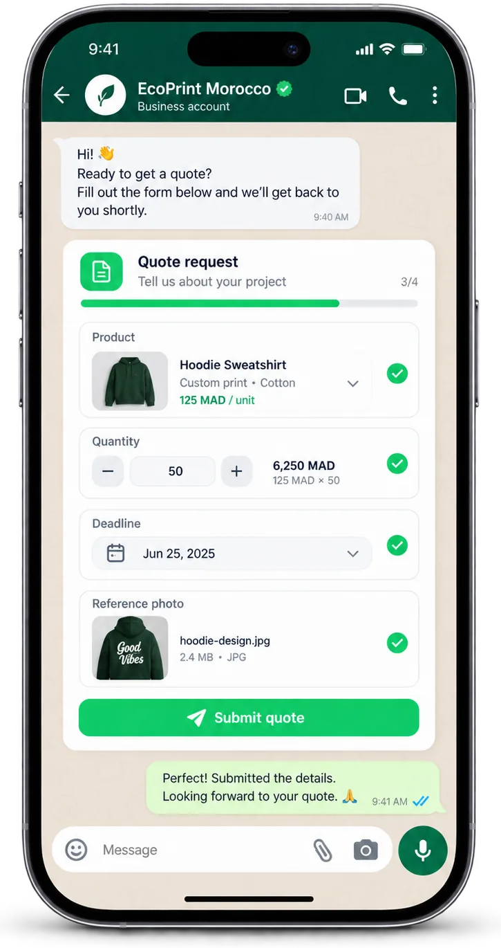 Une demande de devis remplie étape par étape dans une conversation WhatsApp
