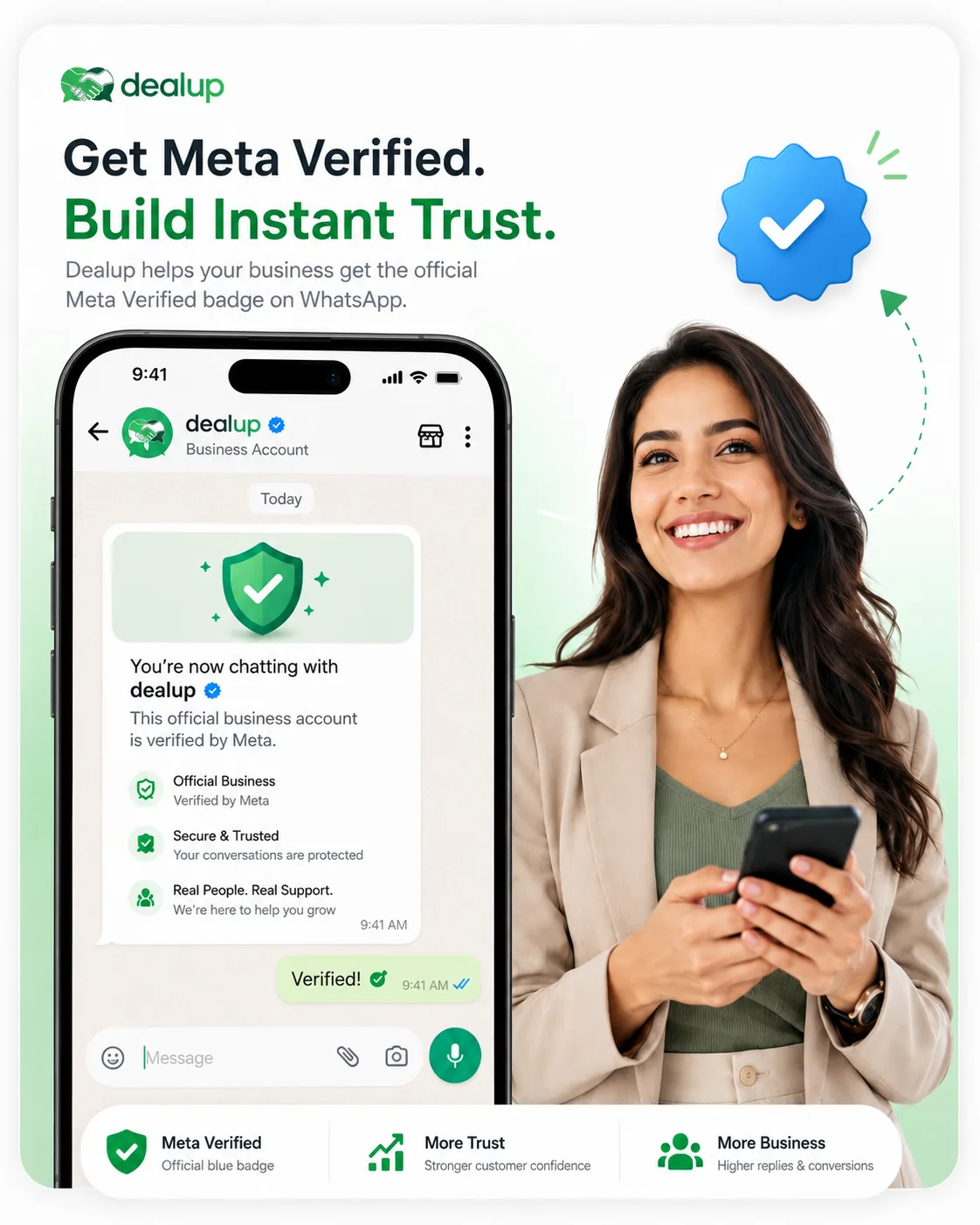 Un profil professionnel Dealup vérifié sur WhatsApp, avec le badge officiel